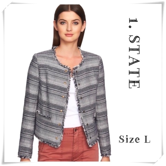 1.STATE Rustic Fringe Stripe Tweed Jacket Blue / White 51323 - Picture 1 of 7